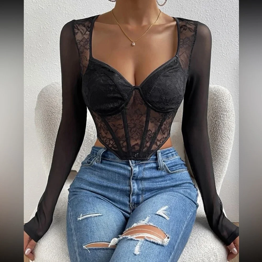 Black lace  mesh insert bodysuit